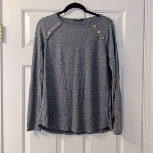 Pink Clover sweater grey, with brown patch on elbows. Stitch Fix order. Medium.